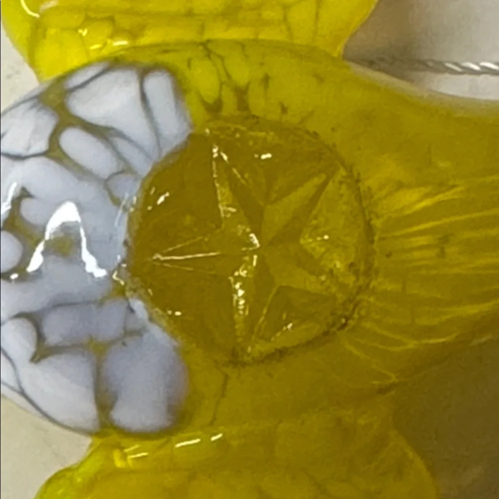 Bird Hanging Ornament yellow and white speckled glass handblown 4” long